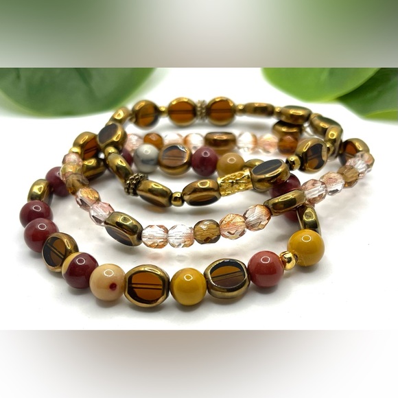 Stretch Bracelet,Natural Mookite Stone,gold Edge Electroplated topaz Glass Beads - Picture 3 of 7